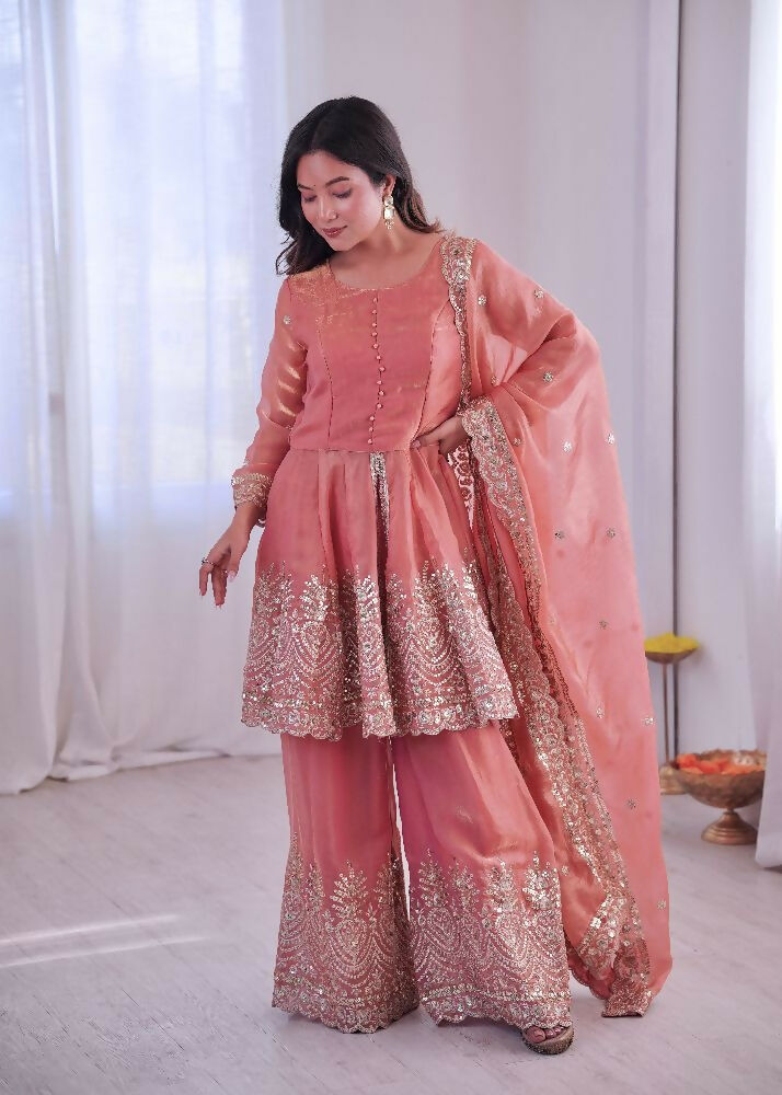 Teeya Creation Peach Color Fendy Satin Silk Embroidery Work Party Wear Salwar Suit