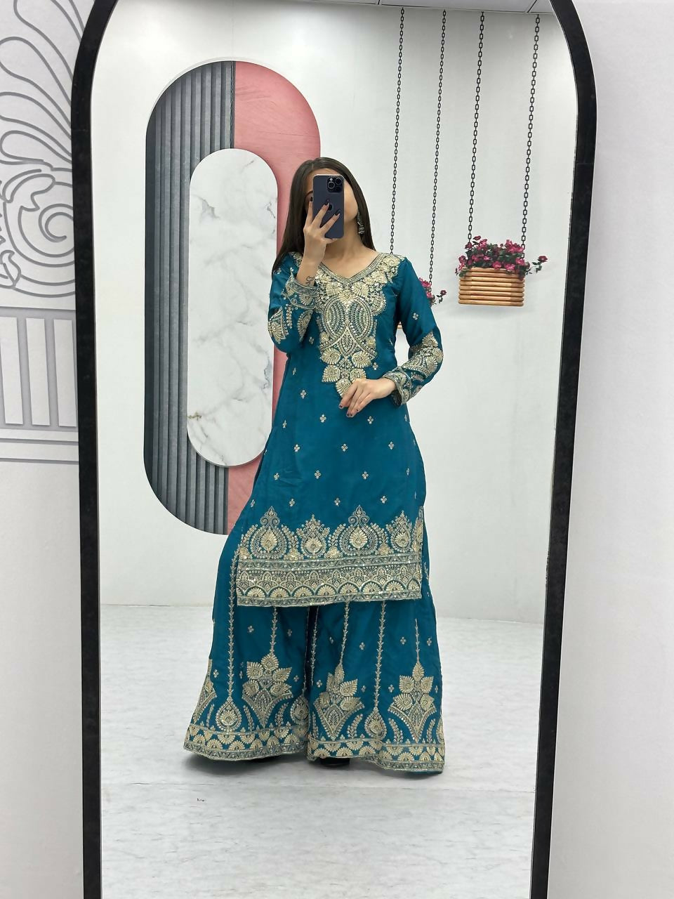 Teeya Creation Womens New Wedding Wear Heavy Embroidery Thread Work Teal Kurta Set