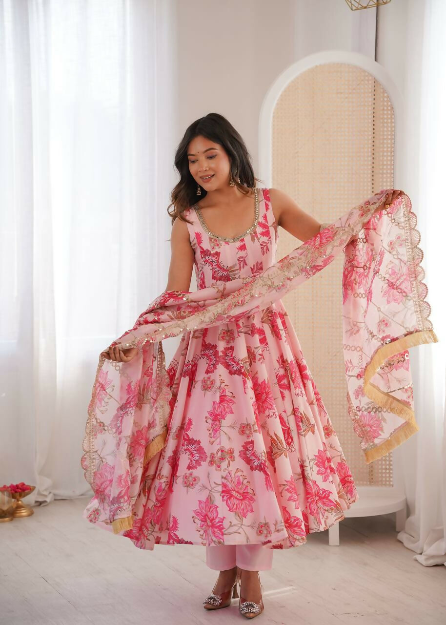 Teeya Creation Pink Pure Muslin Silk Digital Print Traditional Wear Long Gown