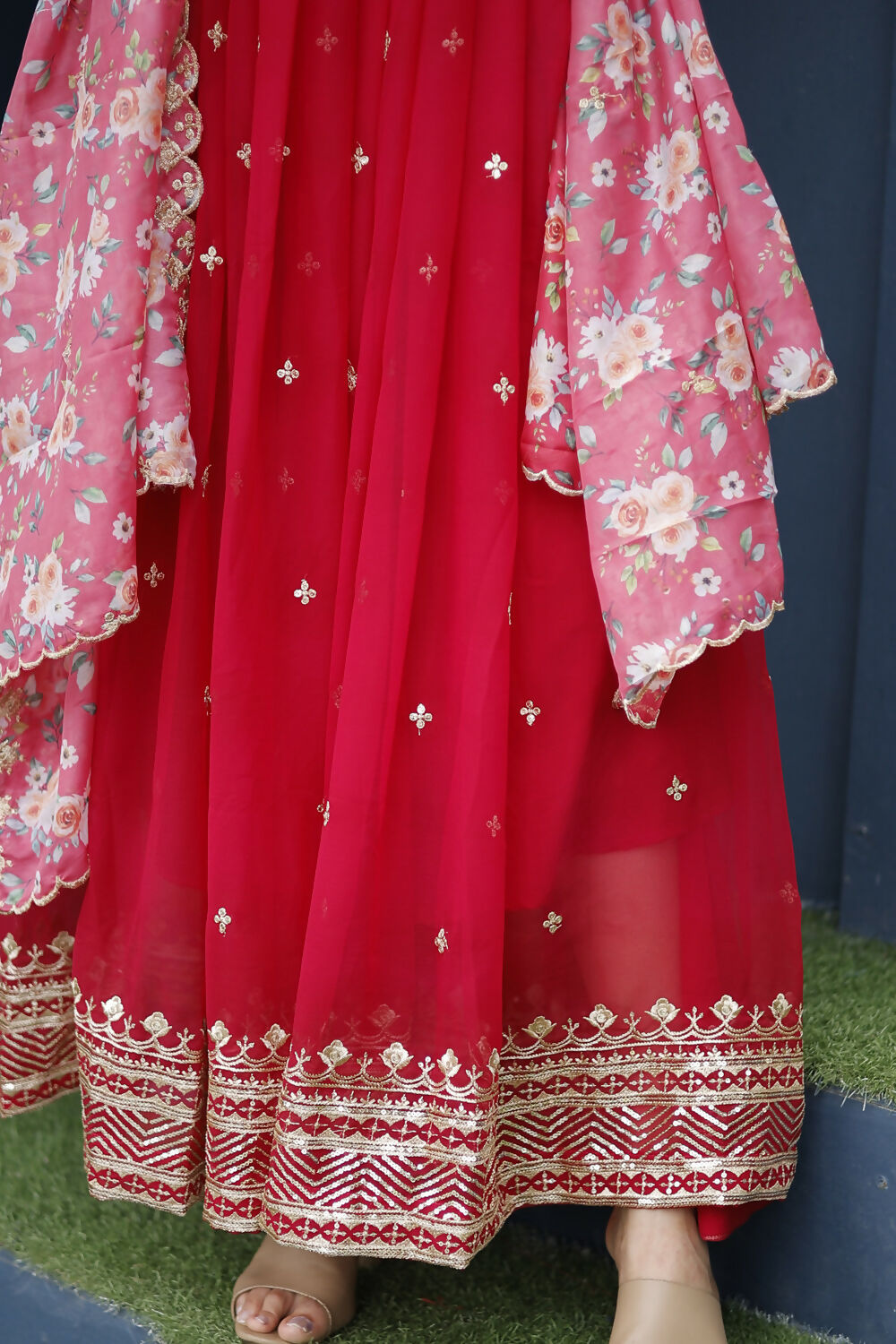 Aayaa Designer Embroidery Zari Sequins-Work Faux Blooming Georgette Suit - Red