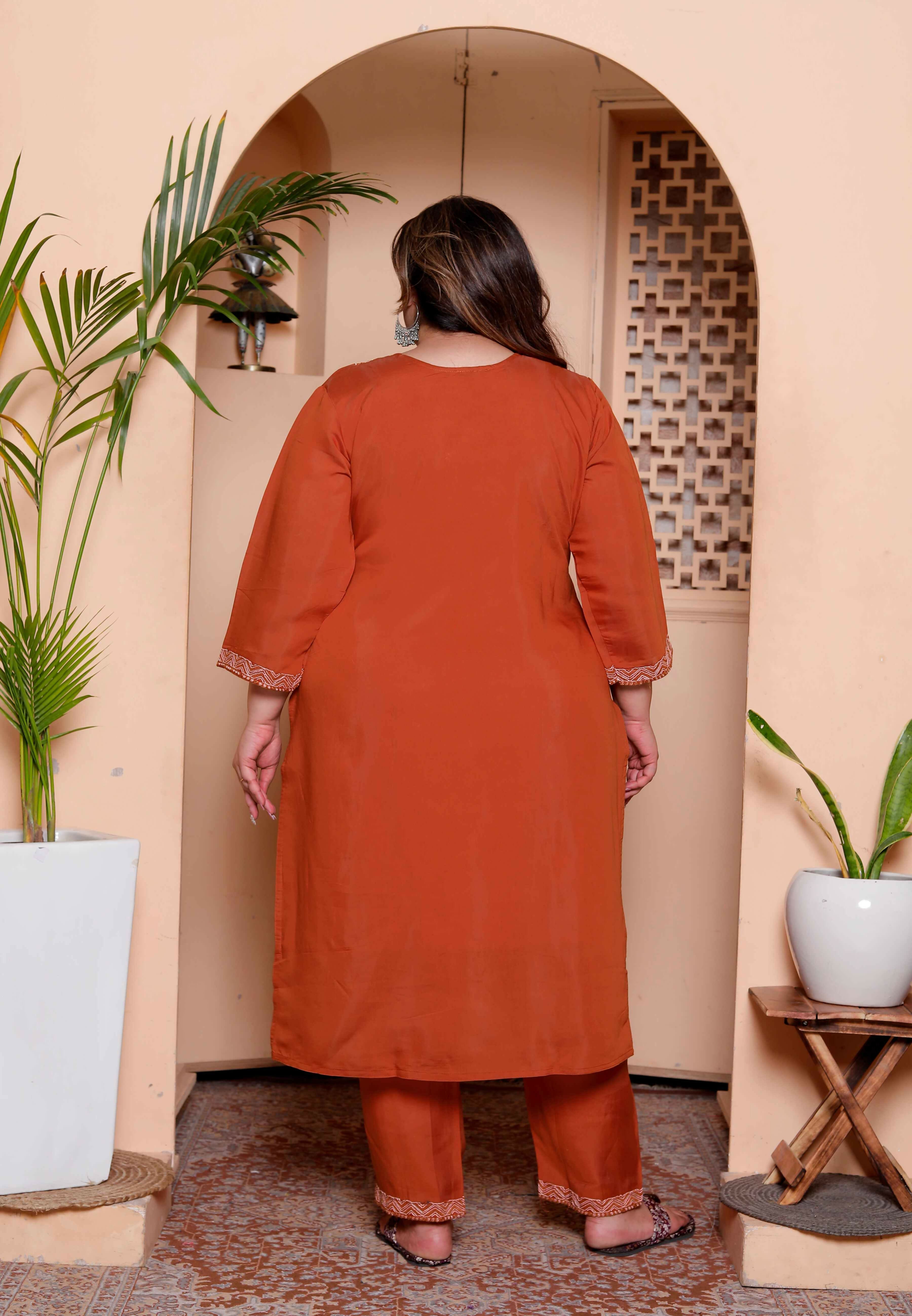 Miravan Women's Plus Size Orange Embroidered Straight Kurta with Palazzo and Dupatta set