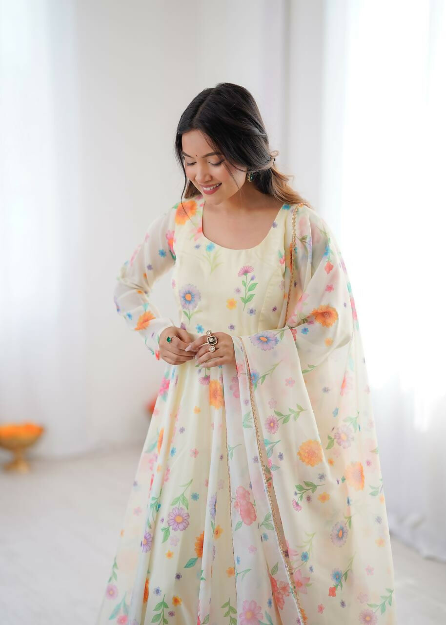 Teeya Creation Off White Soft Organza Digital Printed Party Wear Long Gown