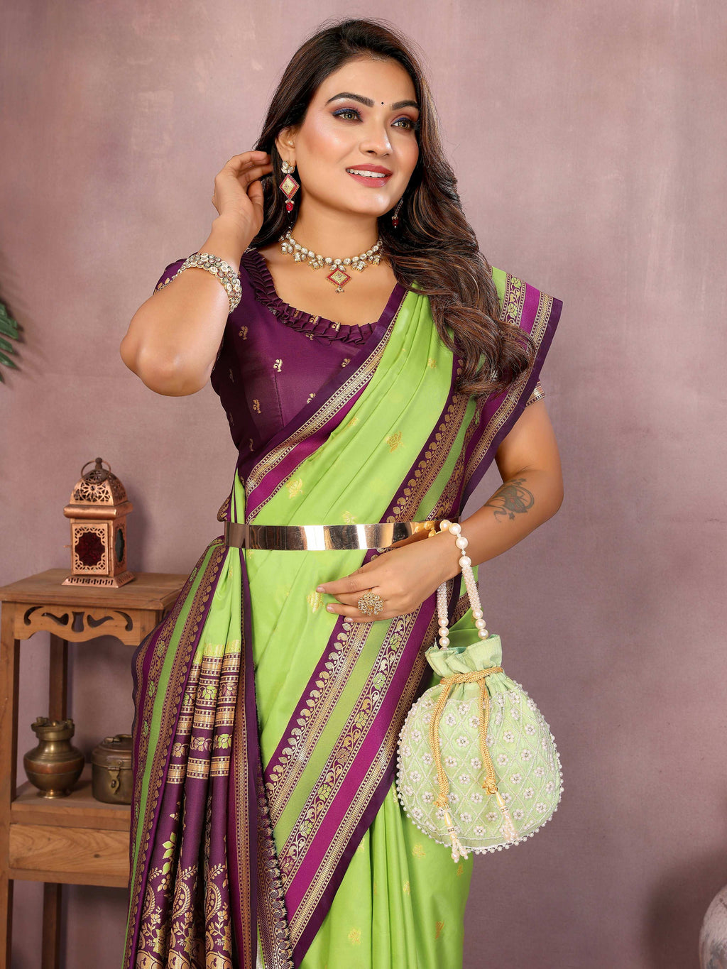 Aastha Fashion Parrot Green Kalamkari Silk Weaving Saree