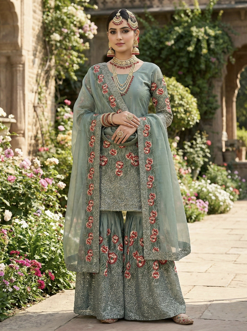 Teeya Creation Teal Fendy Silk Heavy Embroidery Work Party Wear Sharara Suit