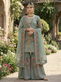 Teeya Creation Teal Fendy Silk Heavy Embroidery Work Party Wear Sharara Suit