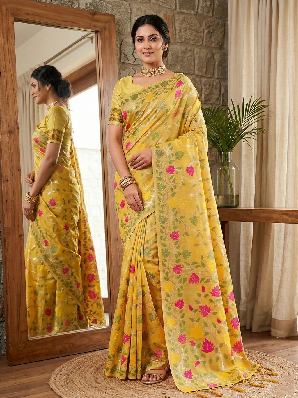 Shree Shyam Fashion Yellow Linen Cotton Saree