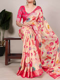 Vastranavya Cream Tussar Silk Printed with Viscose Border Saree with Unstitched Blouse