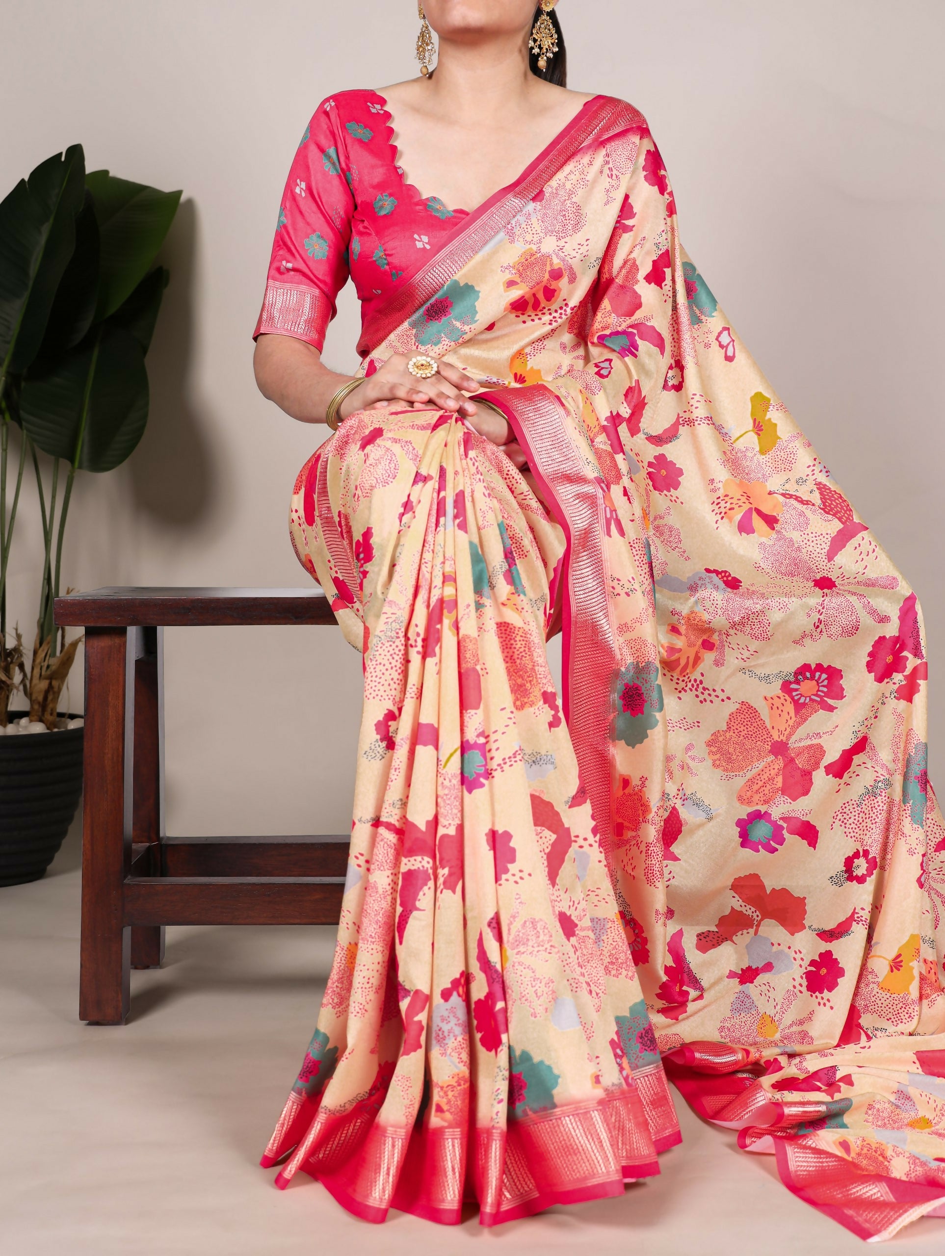 Vastranavya Cream Tussar Silk Printed with Viscose Border Saree with Unstitched Blouse