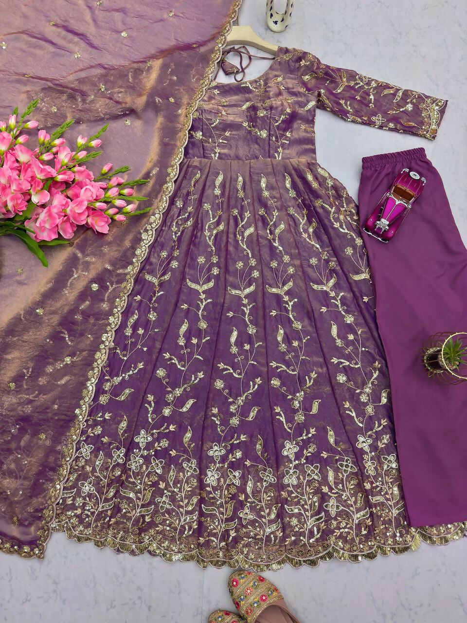 Teeya Creation Onion Color Faux Georgette Long Party Wear Gown