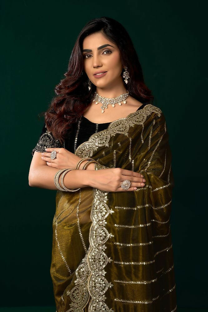 Joban Fashion Mehendi Green Net Party Wear Sarees