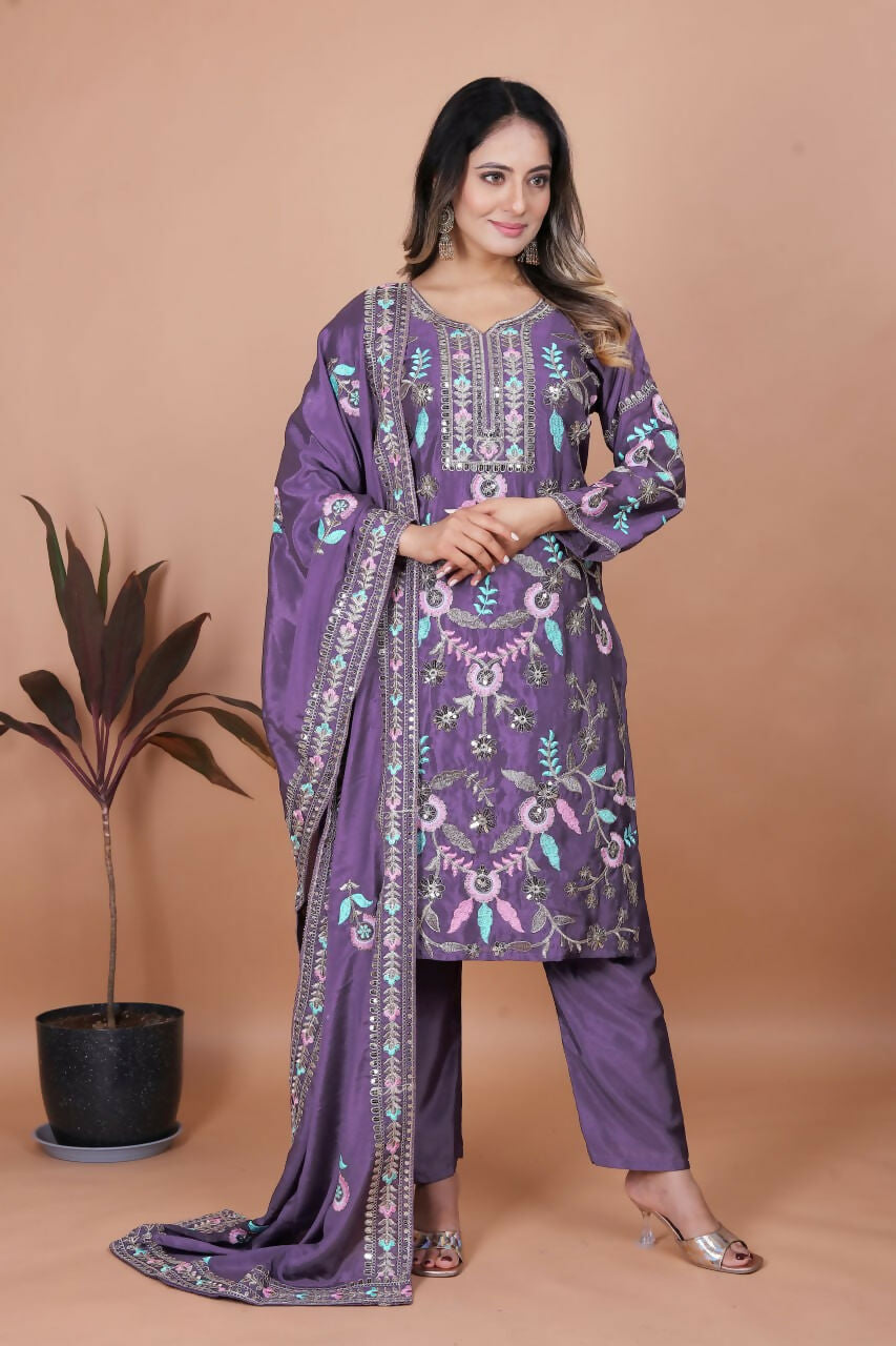 Joban Fashion Purple Silk Embroidered Kurti Set