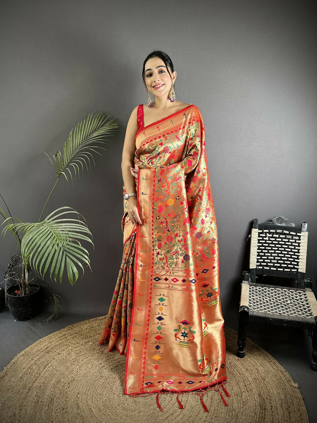 Joban Fashion Red Floral & Bird Motifs Soft Silk Paithani Saree