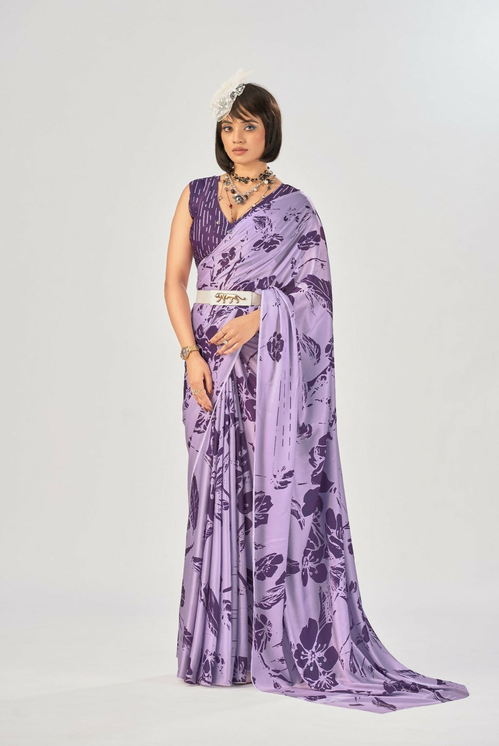 Vastranavya Lavender Satin Silk Elegant Printed Saree with Unstitched Blouse