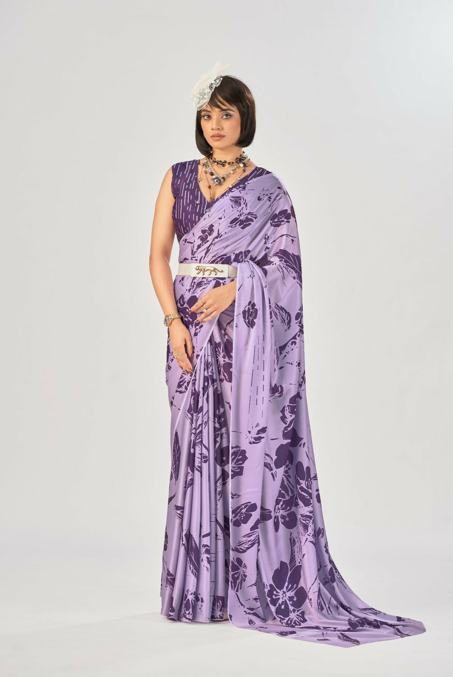 Vastranavya Lavender Satin Silk Elegant Printed Saree with Unstitched Blouse