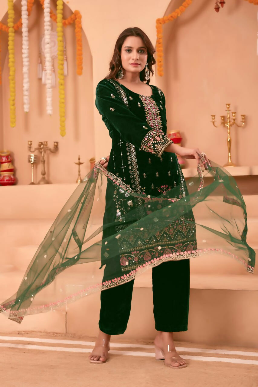 Joban Fashion Green Kurta Set Velvet Embroidery Sequence Work