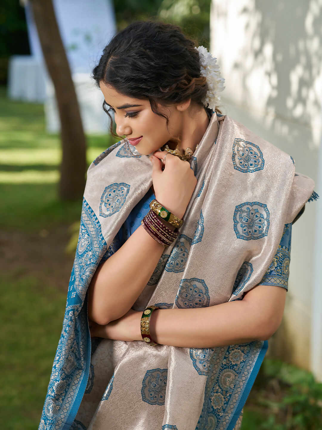 Shree Shyam Fashion Cream With Blue Silk Blend Saree