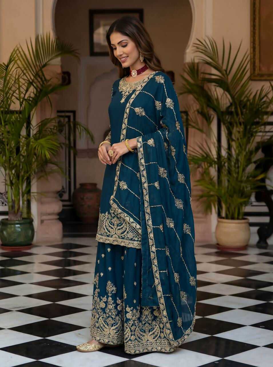 Joban Fashion Teal Silk Embroidered Sharara Set