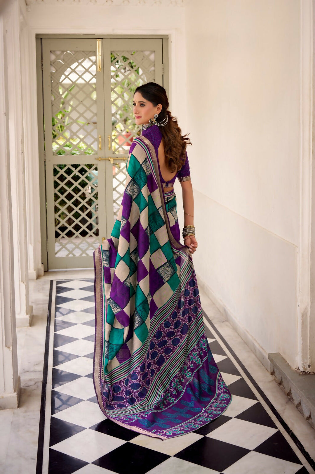 Vastranavya Purple Viscose Chanderi Printed with Temple Border Saree & Unstitched Blouse