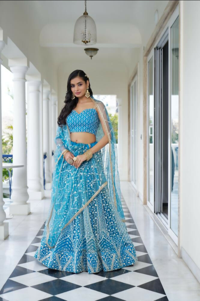 Aastha Fashion Sky Blue Butterfly Net White Cotton Thread Work And Sequence Work Embroidery Wedding Wear Lehenga Choli
