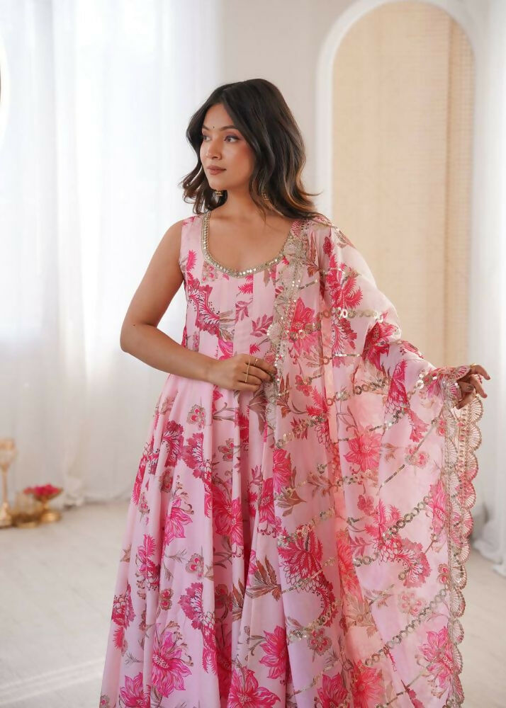 Teeya Creation Pink Pure Muslin Silk Digital Print Traditional Wear Long Gown