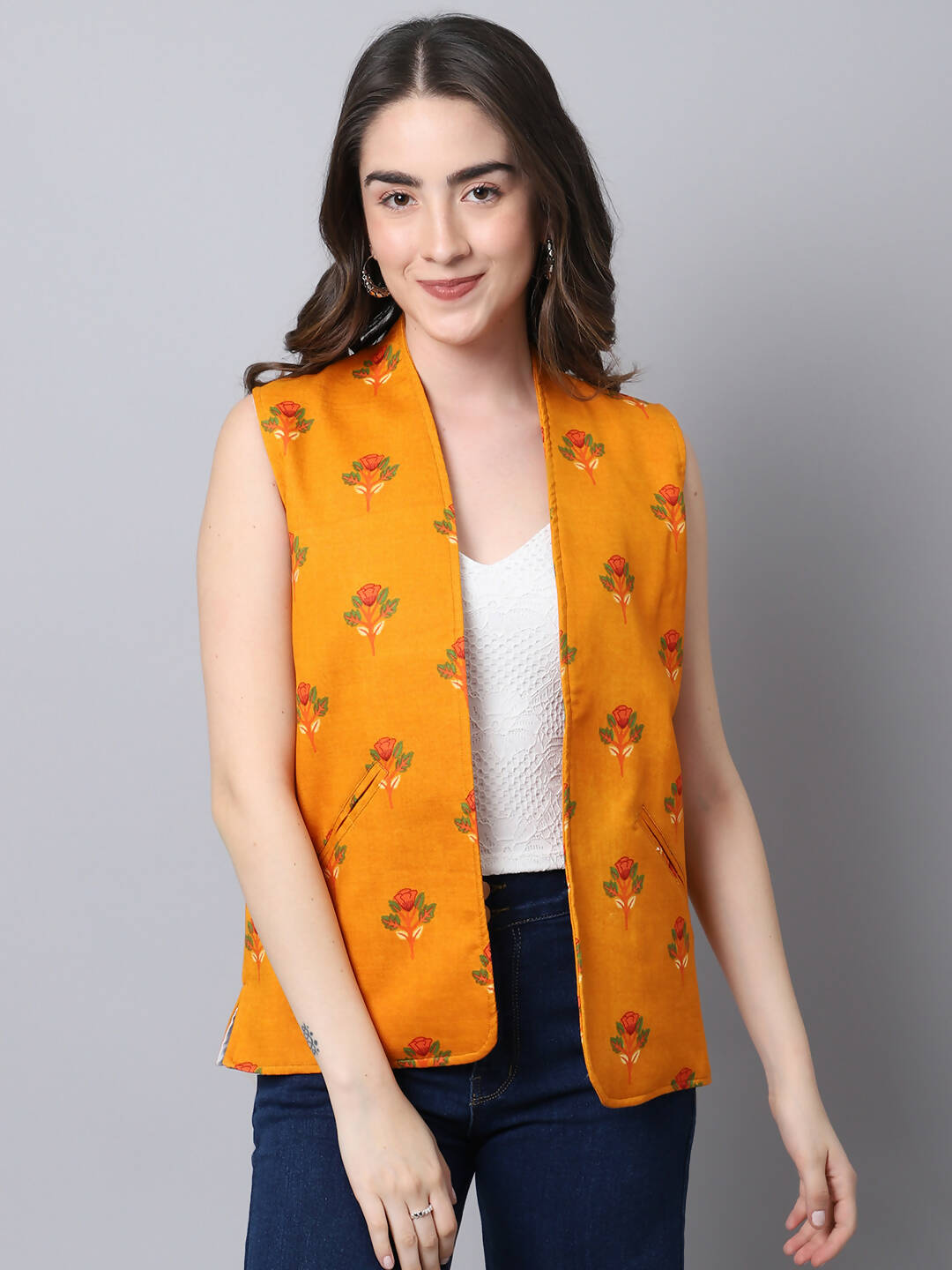 Even Apparels Yellow 100% Viscose Rayon Open Front Gillet (BF009)