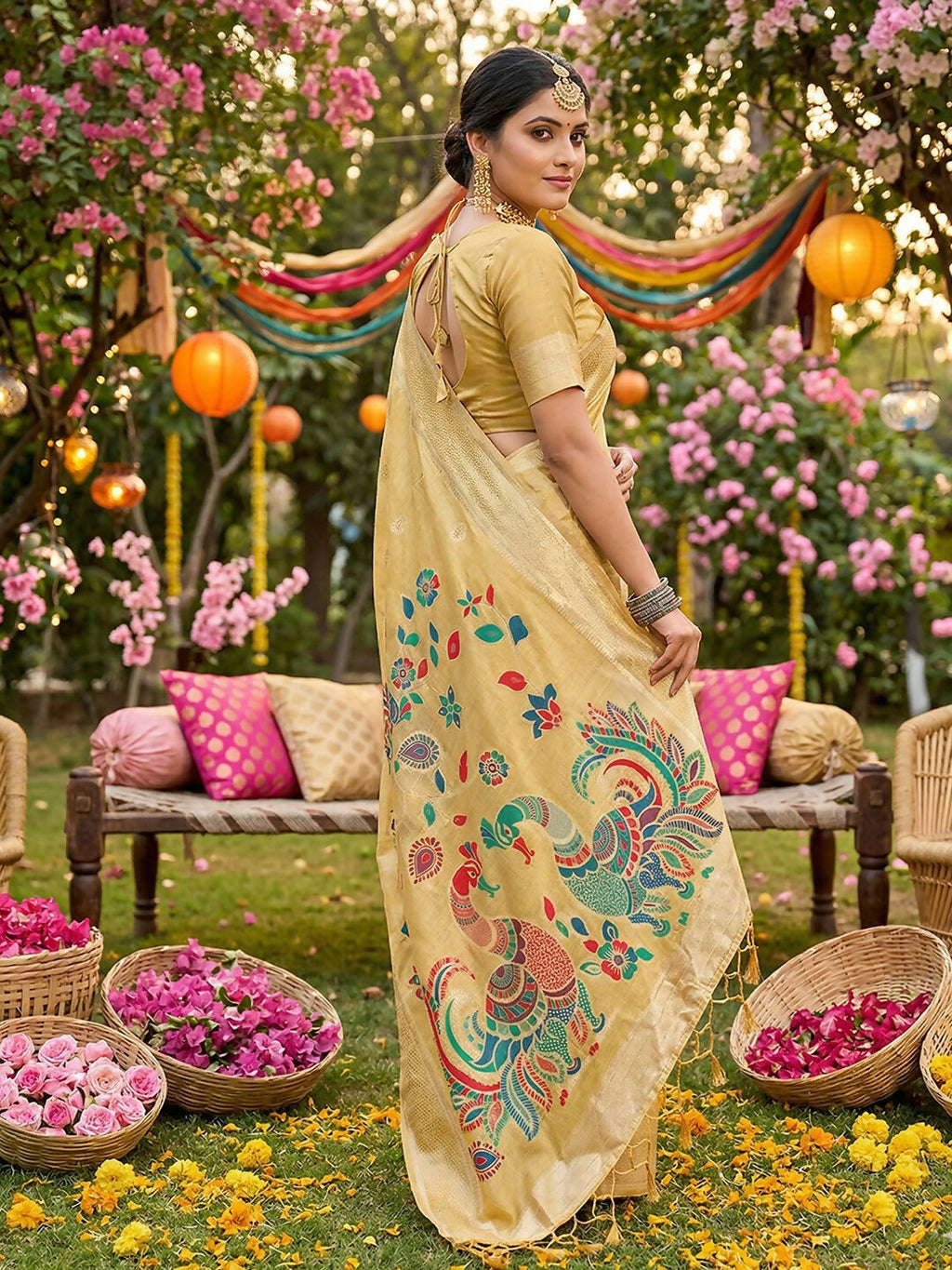 Shree Shyam Fashion Yellow Linen Cotton Saree