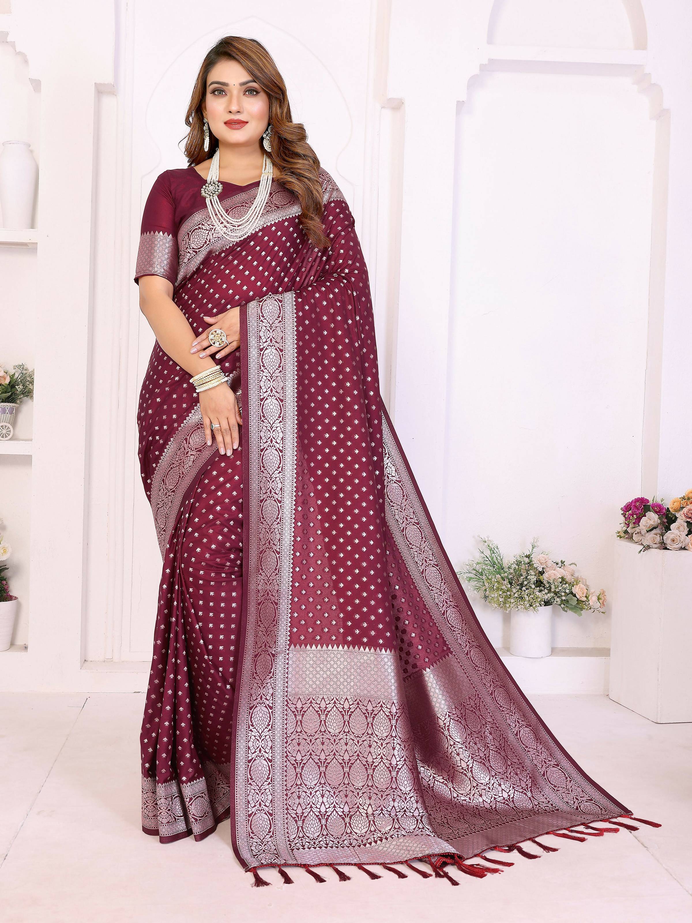 Aastha Fashion Wine Georgette Silk Zari Weaving Saree