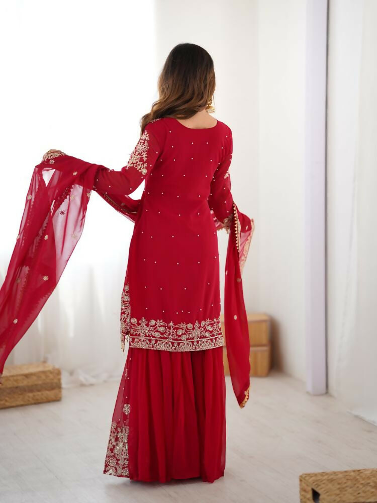 Lehenga Mart Designer Sharara Suit With Kurta, Sharara, Dupatta For Women-Red
