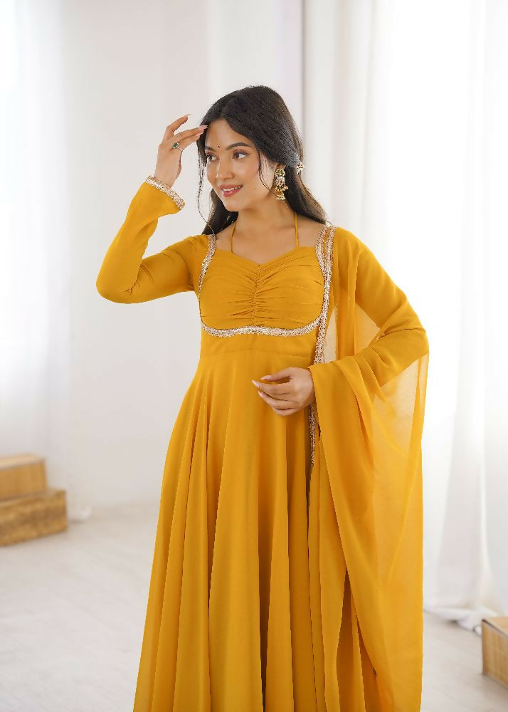 Teeya Creation Yellow Faux Georgette Designer Party Wear Long Gown