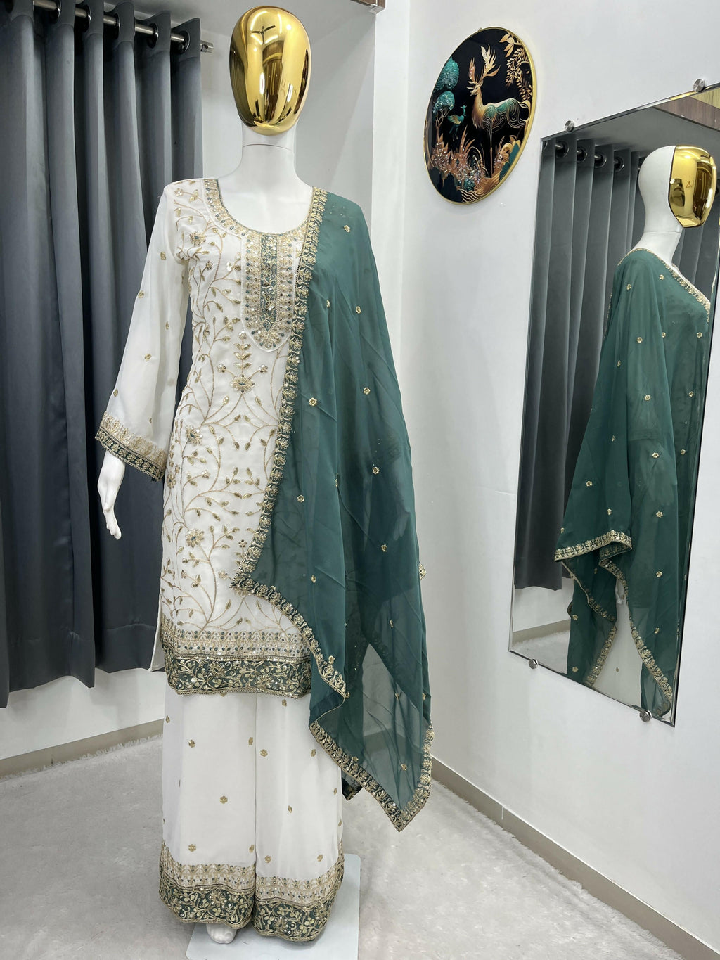 Teeya Creation White Color Faux Georgette Embroidery Work Long Party Wear Palazzo Suit