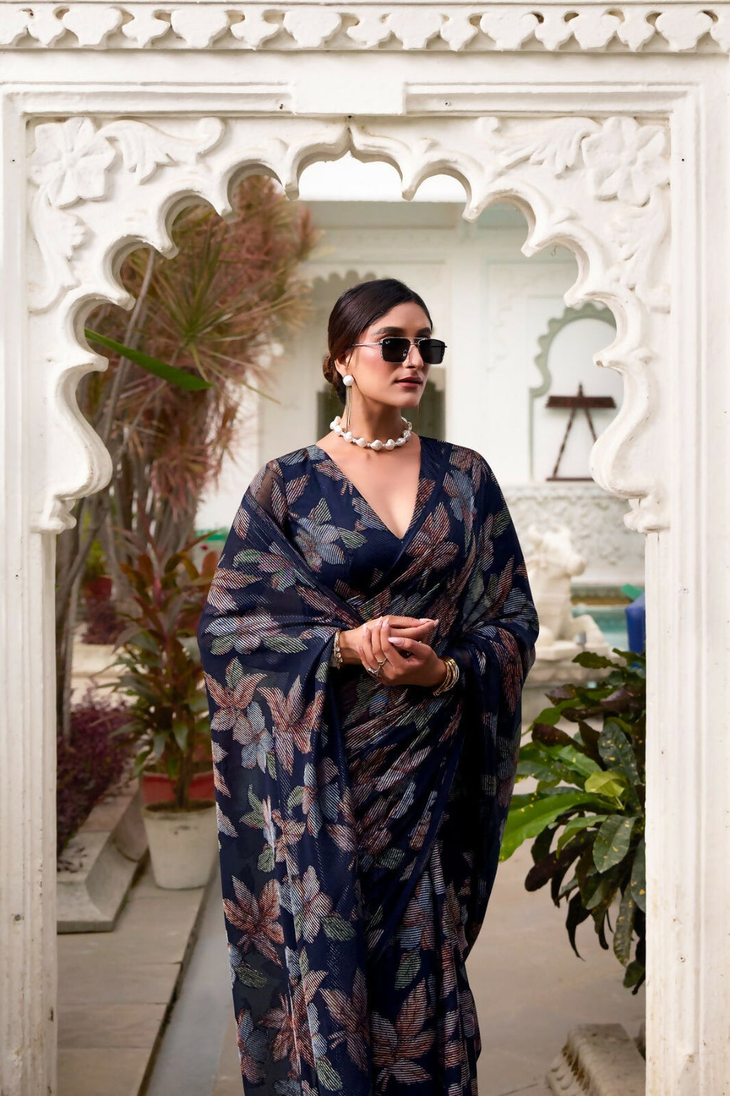 Vastranavya Navy Blue Lurex Brasso Floral Printed Saree with Unstitched Blouse