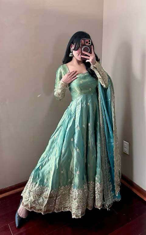 Teeya Creation Teal Fendy Silk Designer Heavy Work Wedding Wear Long Gown
