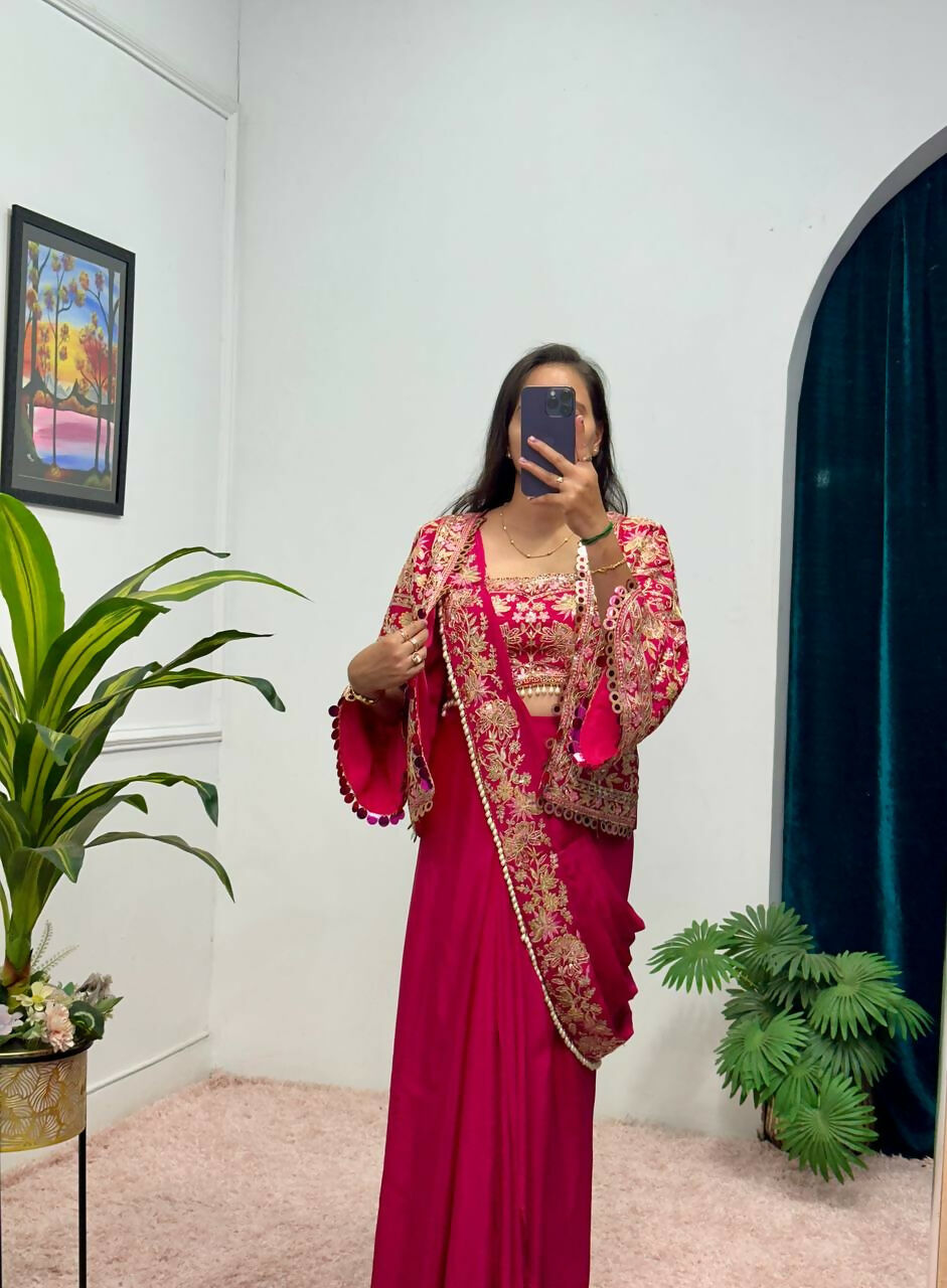 Teeya Creation Rani Color Chinon Silk Embroidery Work Ready To Wear Party Wear Saree With Koti