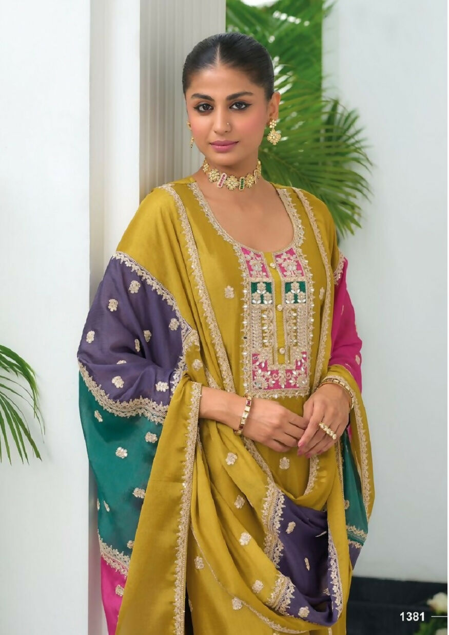 Teeya Creation Yellow Color Chinon Silk Embroidery Work Wedding Wear Designer Salwar Suit