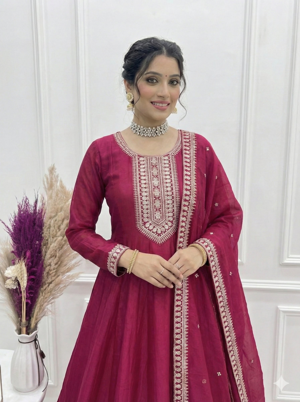 Teeya Creation Dark Rani Color Vichitra Silk Embroidery Work Party Wear Long Gown