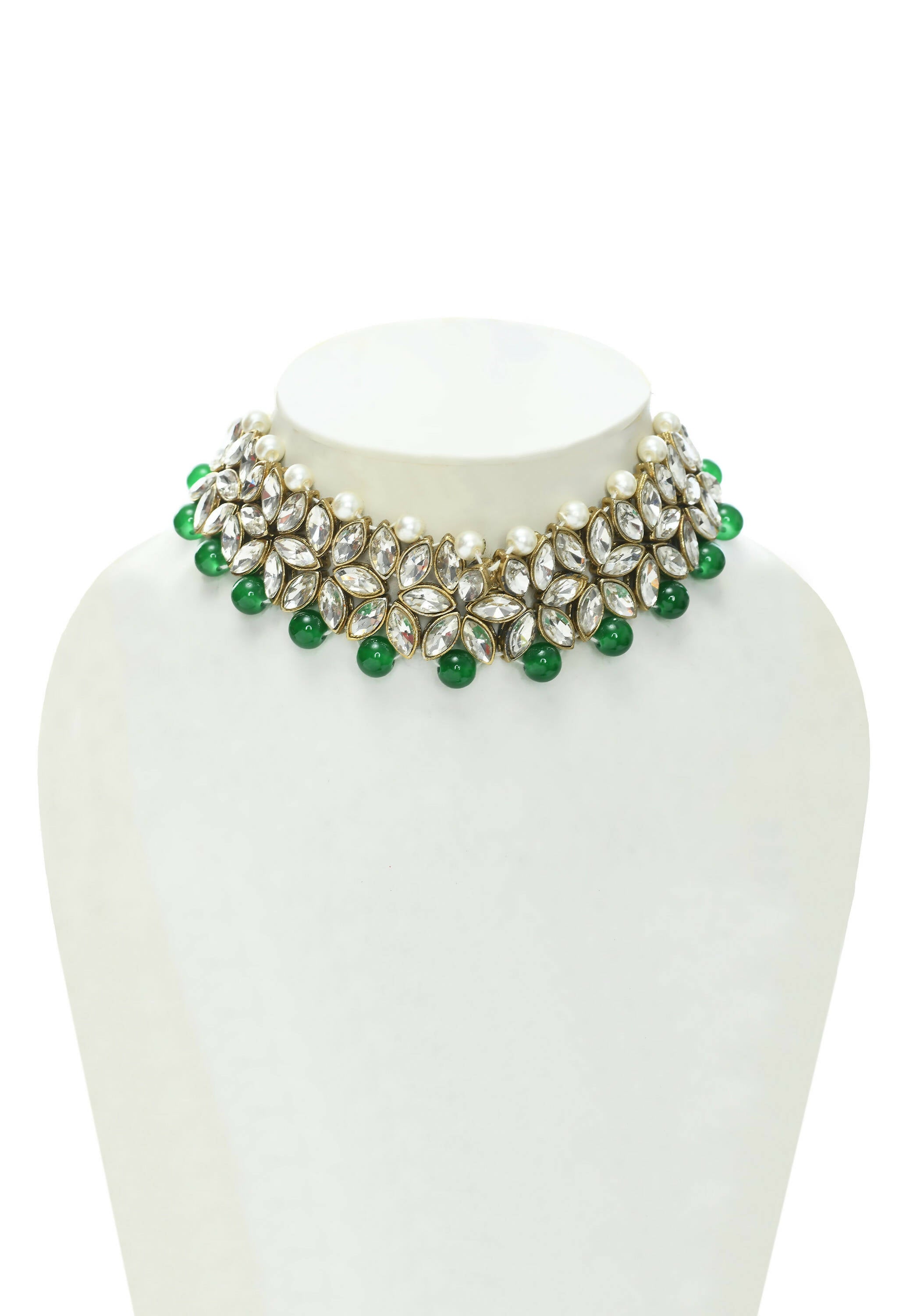 Mominos Fashion Johar Kamal Gold-Polished Rani Haar with Green and Off white Pearls Jewellery Set