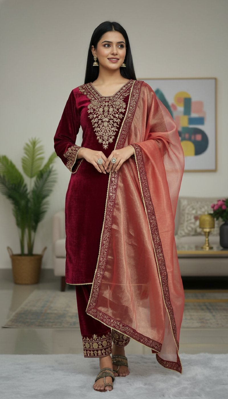 Joban Fashion Maroon Kurta Set Velvet Embroidery Sequence Work