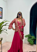 Teeya Creation Rani Color Chinon Silk Embroidery Work Ready To Wear Party Wear Saree With Koti