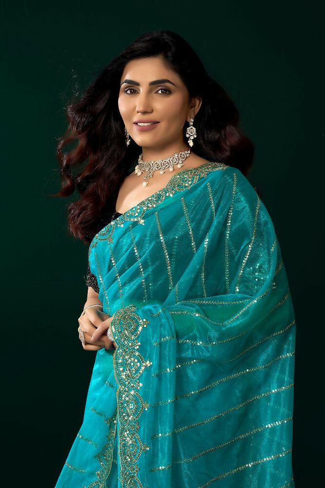 Joban Fashion Turquoise Blue Net Party Wear Sarees