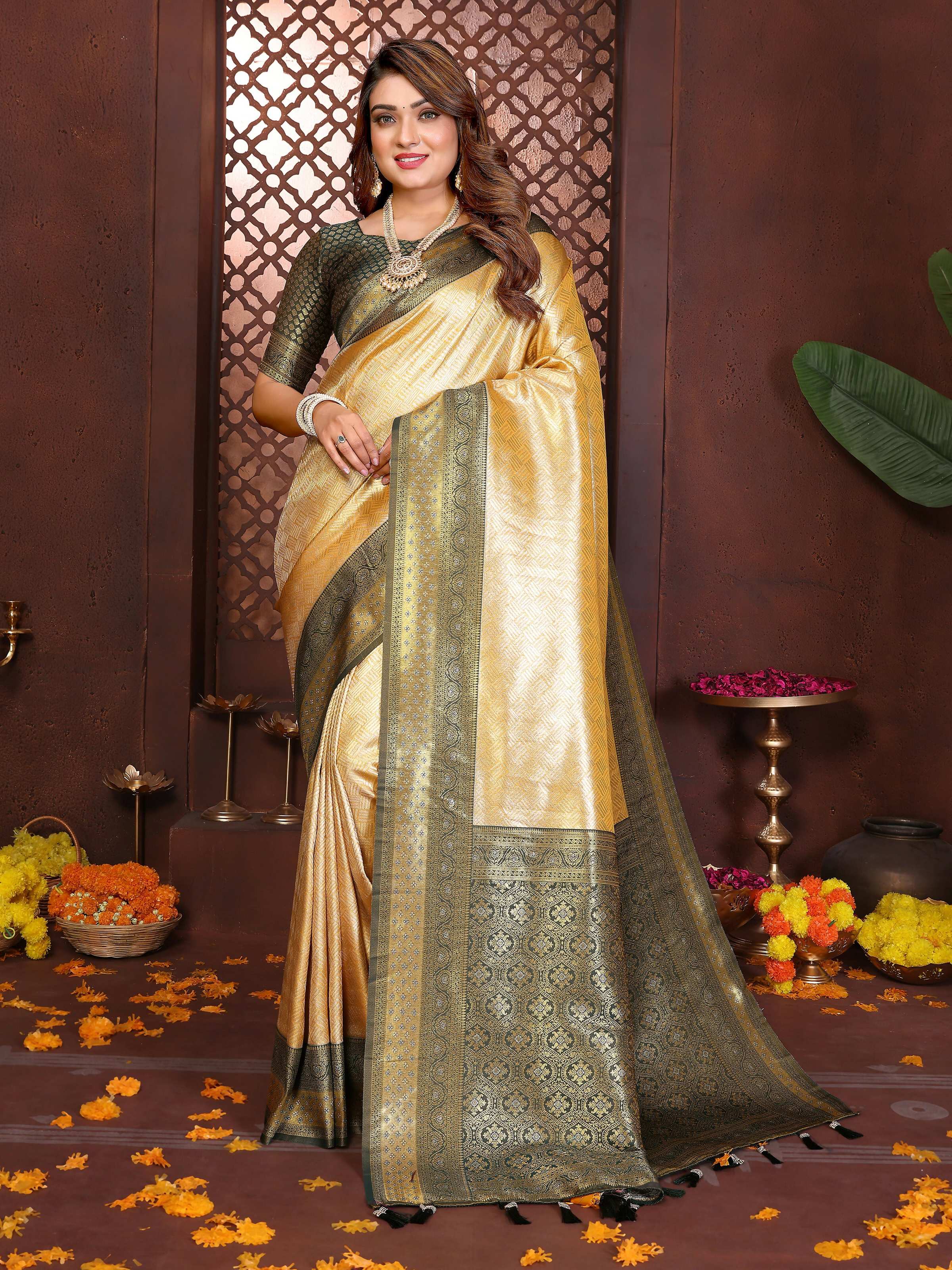 Aastha Fashion Cream Tissue Silk Woven Saree