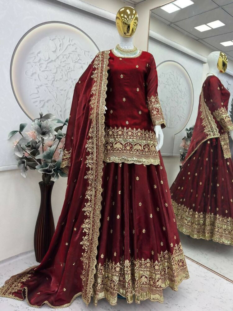Teeya Creation Maroon Color Fendy Satin Heavy Embroidery Work Wedding Wear Stitched Lehenga Choli