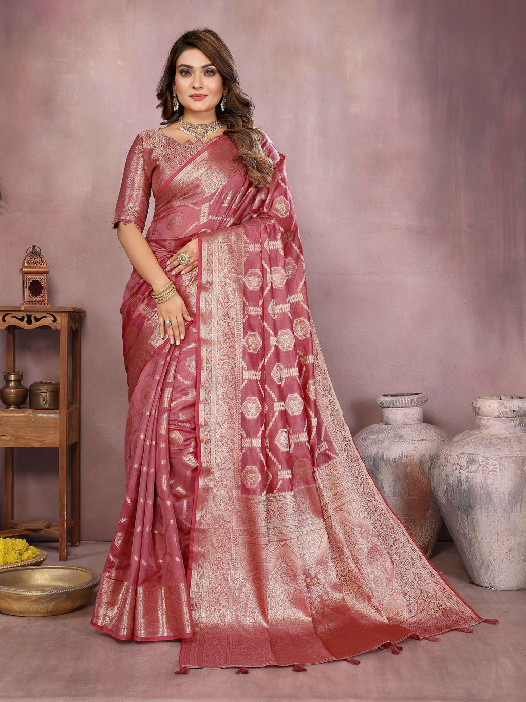 Aastha Fashion Dark Pink Soft Organza Silk Weaving Saree
