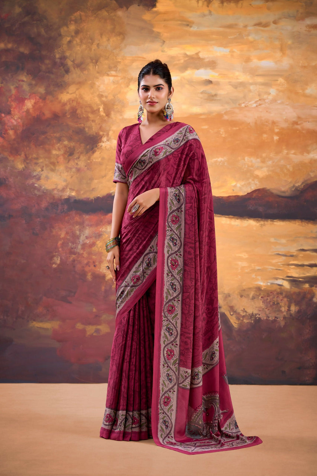 Vastranavya Pink Crepe Printed Saree with Unstitched Blouse