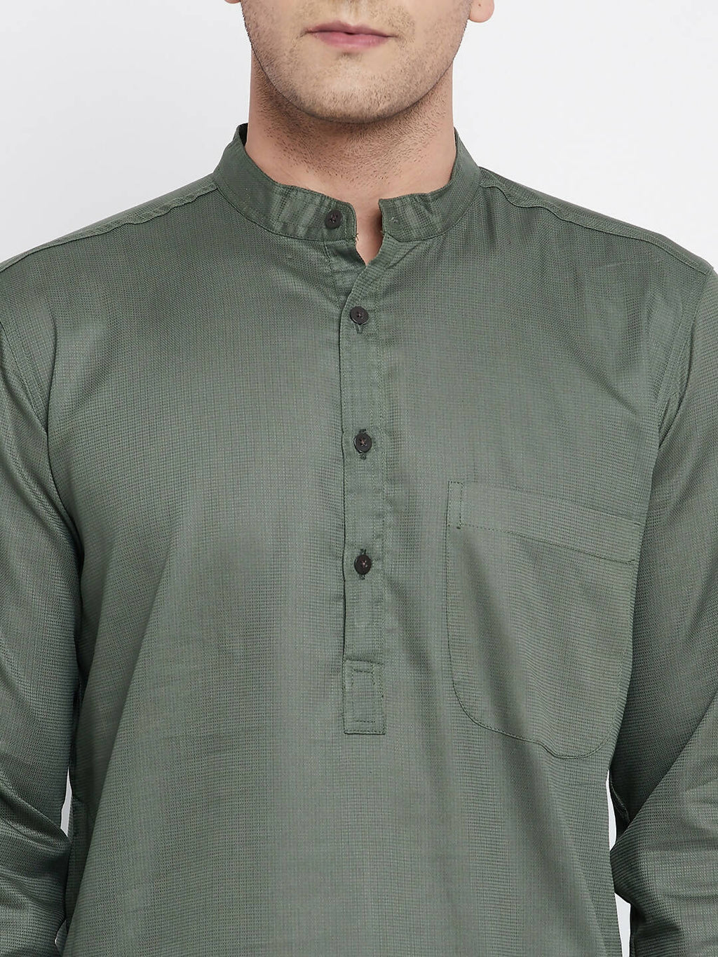 Even Apparels Green Color Linen Men's Kurta With Band Collar