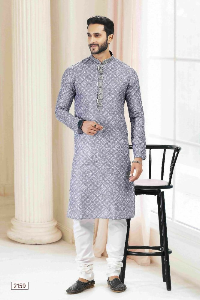 Raivat Ethnic Cotton Thread Work Kurta Pajama In Grey Colour