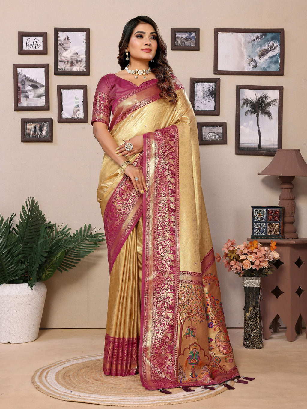 Aastha Fashion Cream Tissue Silk Weaving Saree