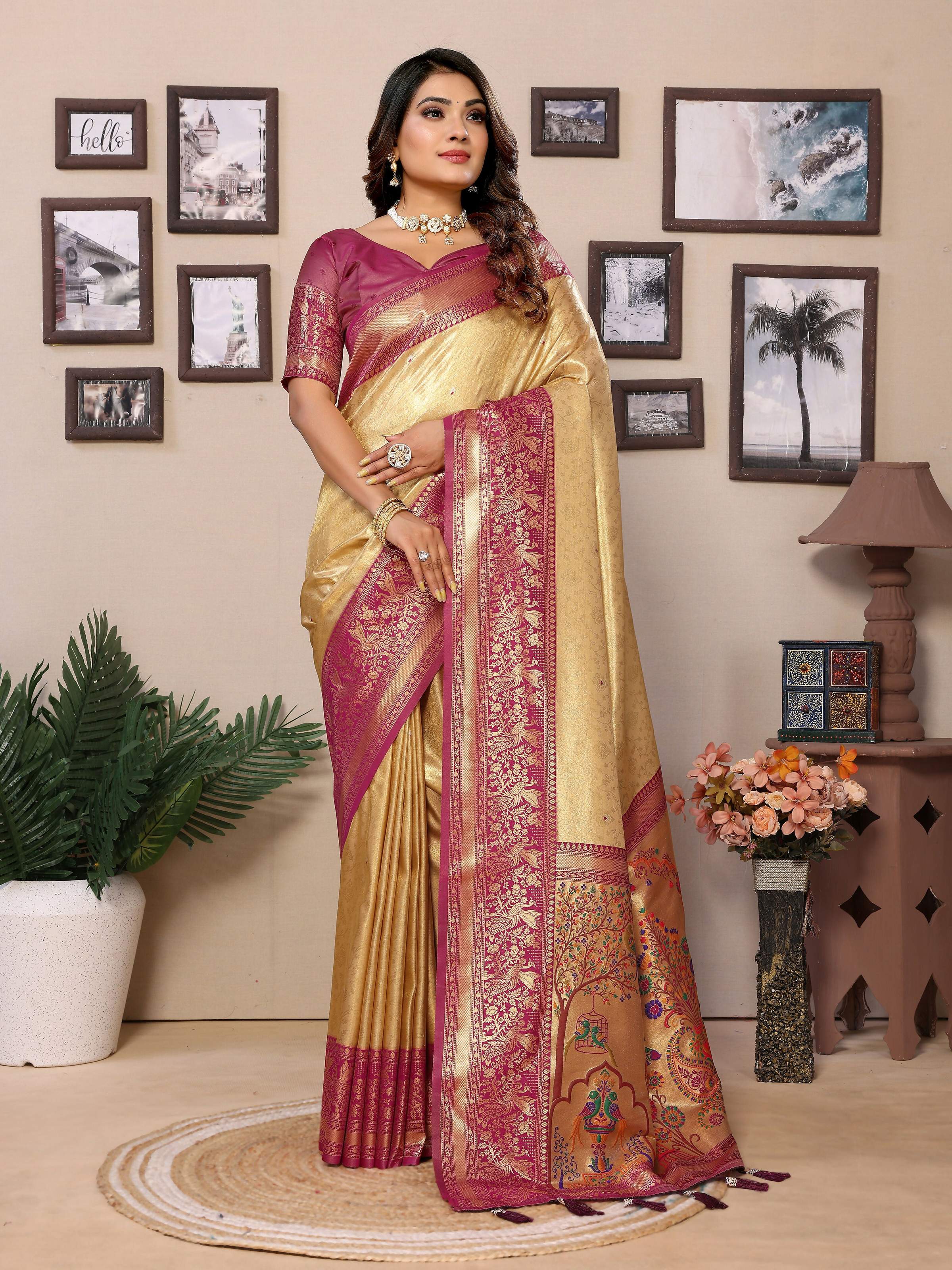 Aastha Fashion Cream Tissue Silk Weaving Saree