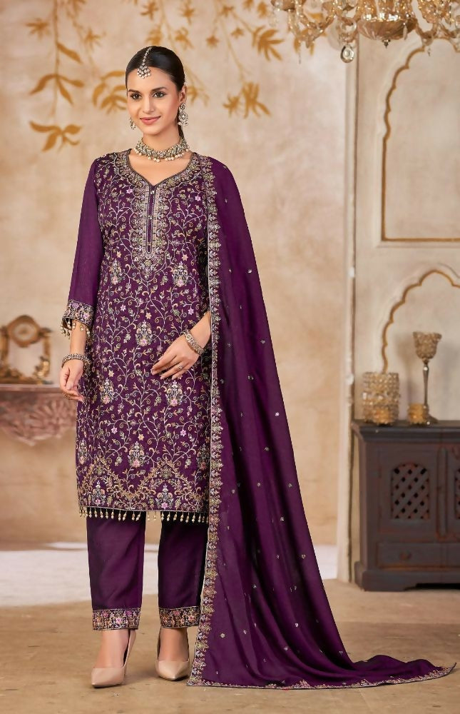 Anaita Purple Vichitra Silk Readymade Suit with Embroidery & Lace Work