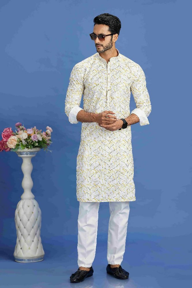 Raivat Ethnic Cotton Embroidery Kurta Pajama In Yellow Colour