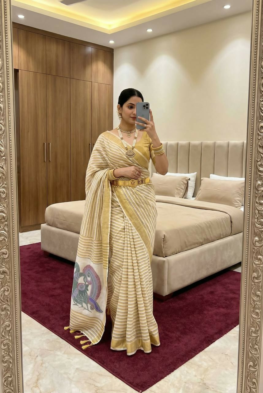 Vastranavya Yellow Linen Cotton Meenakari Weaving Pallu Saree with Contrast Blouse